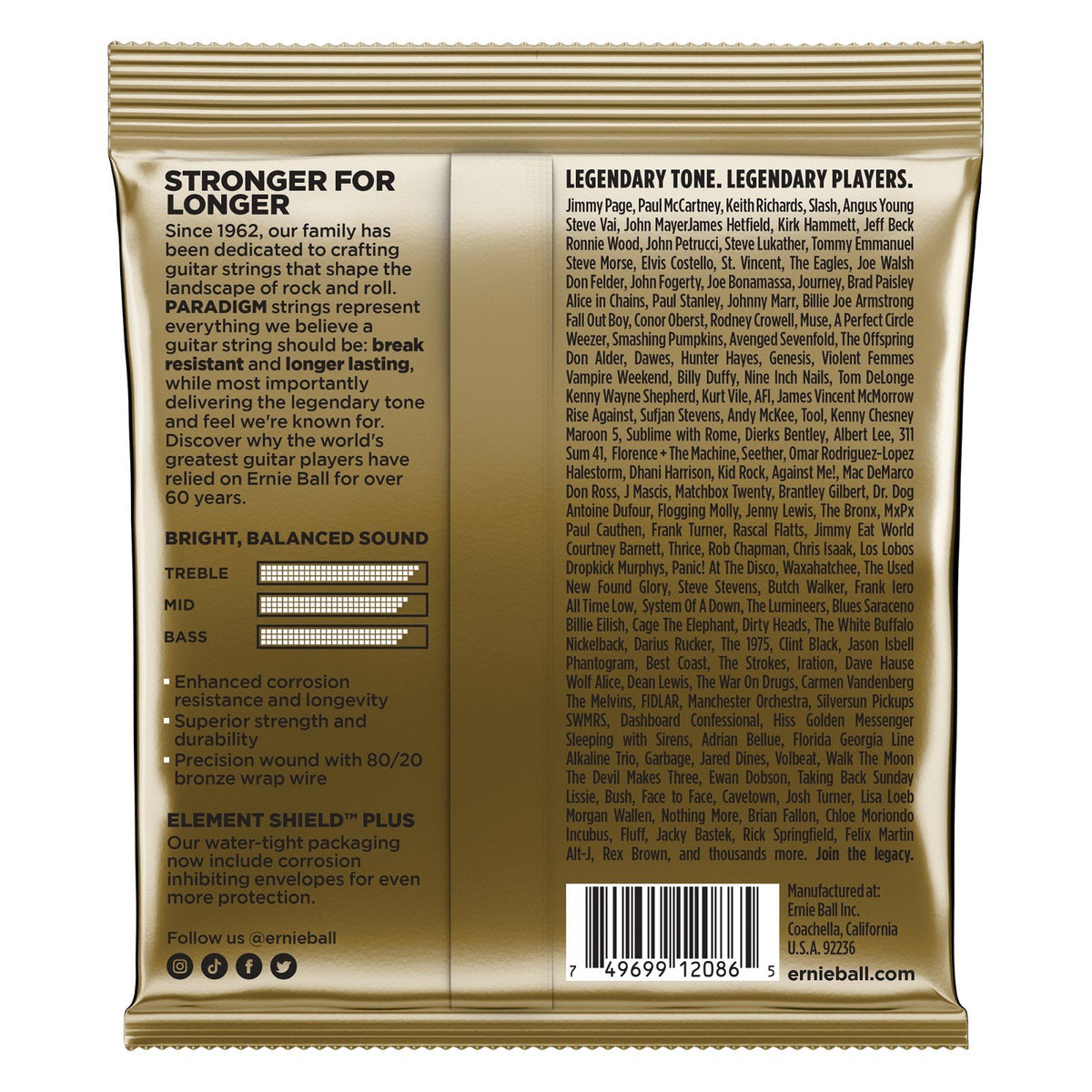 Mặt sau bao bì dây Ernie Ball 2086 – mã vạch UPC, nơi sản xuất Coachella, California