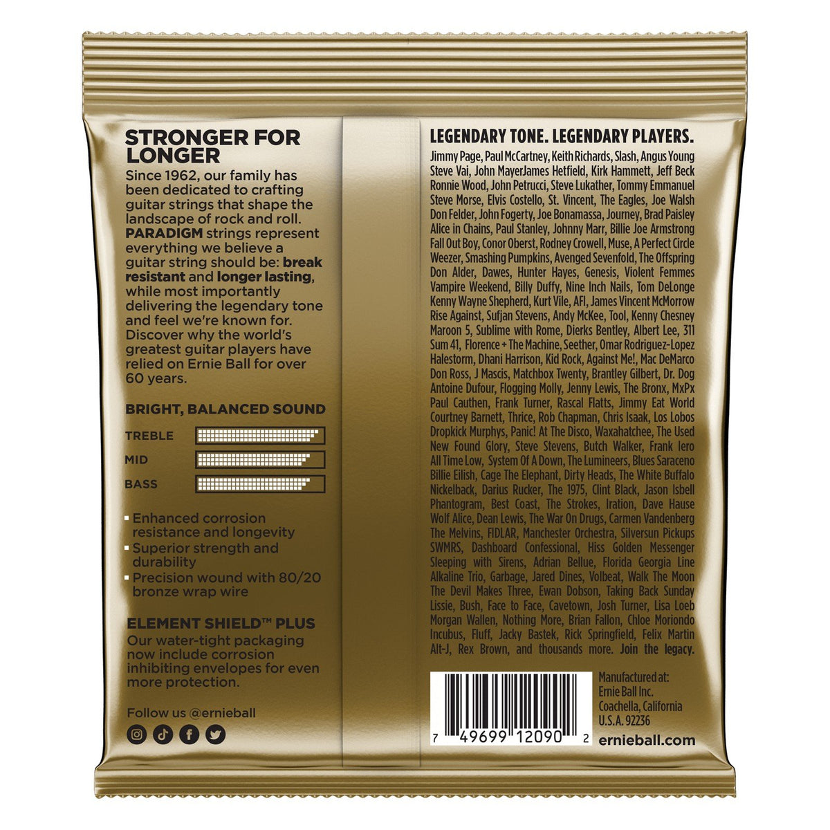 Mặt sau bao bì dây Ernie Ball 2090 – mã vạch UPC, nơi sản xuất Coachella, California