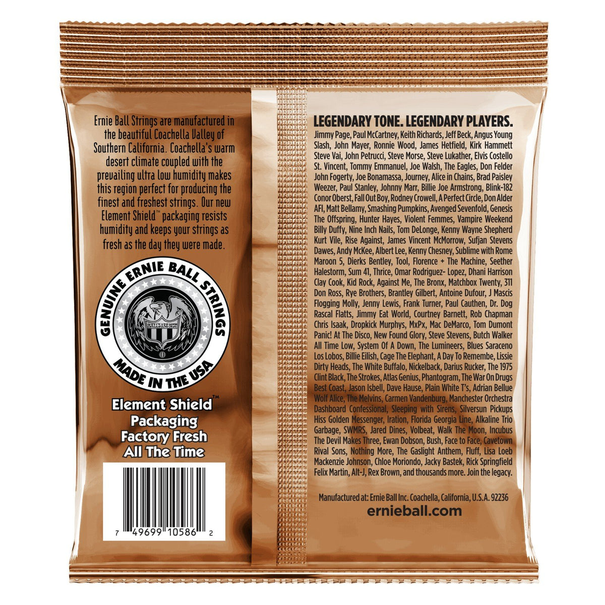 Mặt sau bao bì dây Ernie Ball 2143 – mã vạch UPC, nơi sản xuất Coachella, California