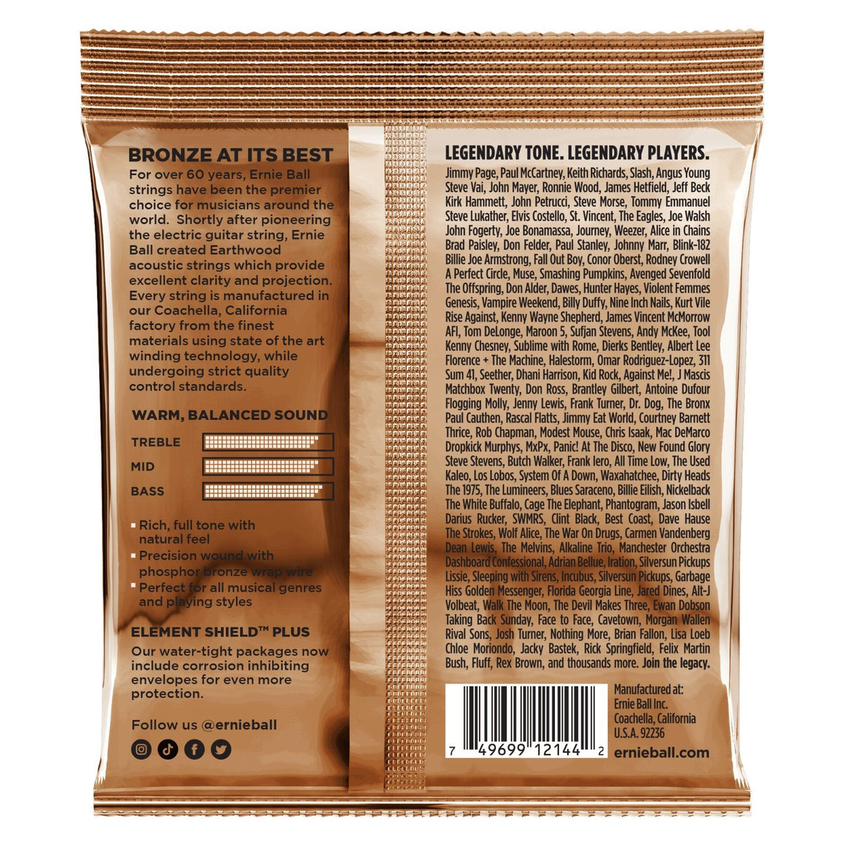 Mặt sau bao bì dây Ernie Ball 2144 – mã vạch UPC, nơi sản xuất Coachella, California