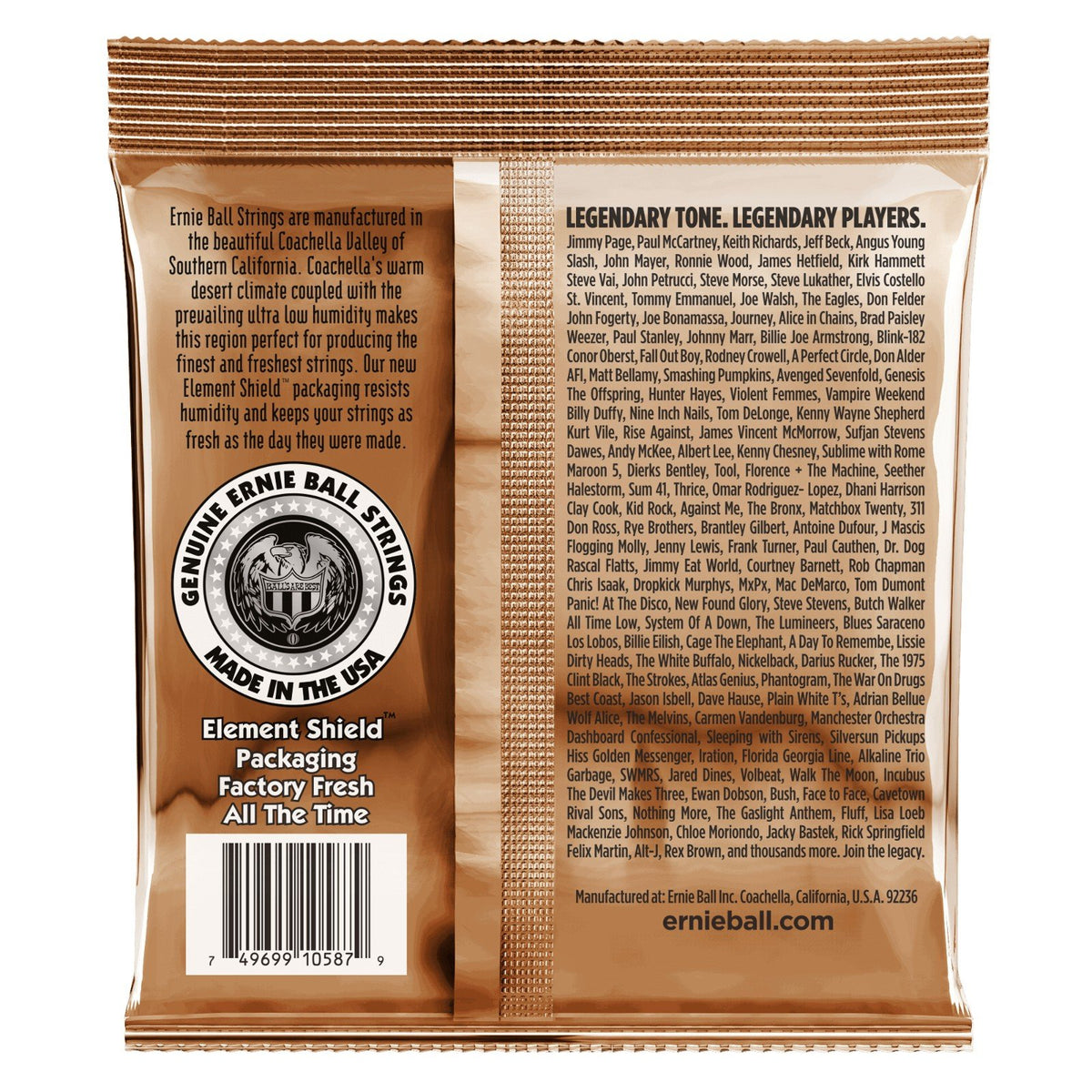 Mặt sau bao bì dây Ernie Ball 2145 – mã vạch UPC, nơi sản xuất Coachella, California