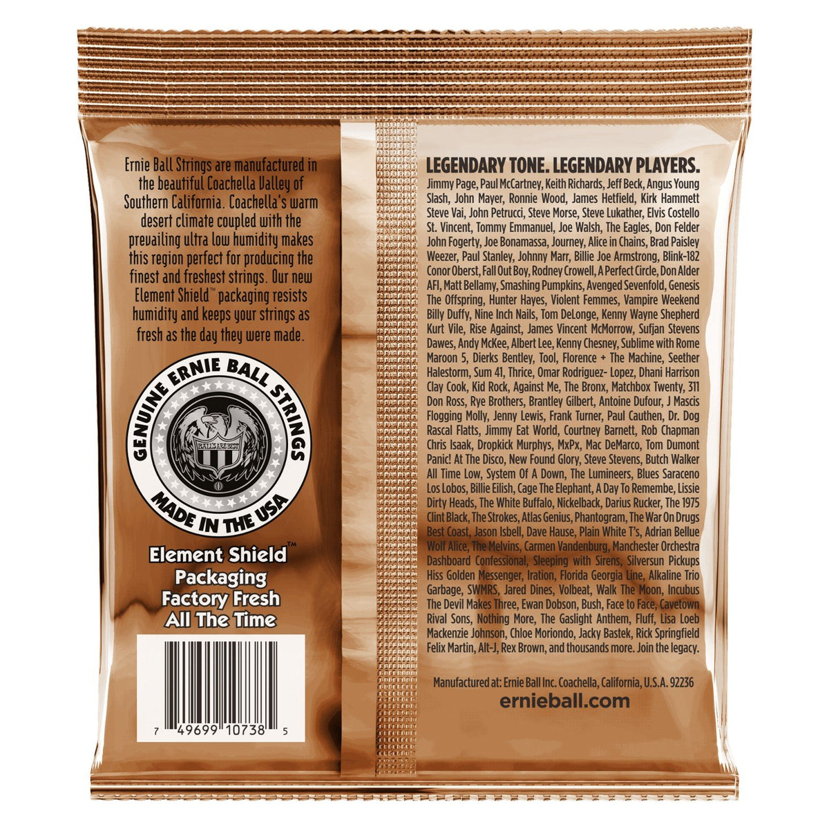 Mặt sau bao bì dây Ernie Ball 2152 – mã vạch UPC, nơi sản xuất Coachella, California