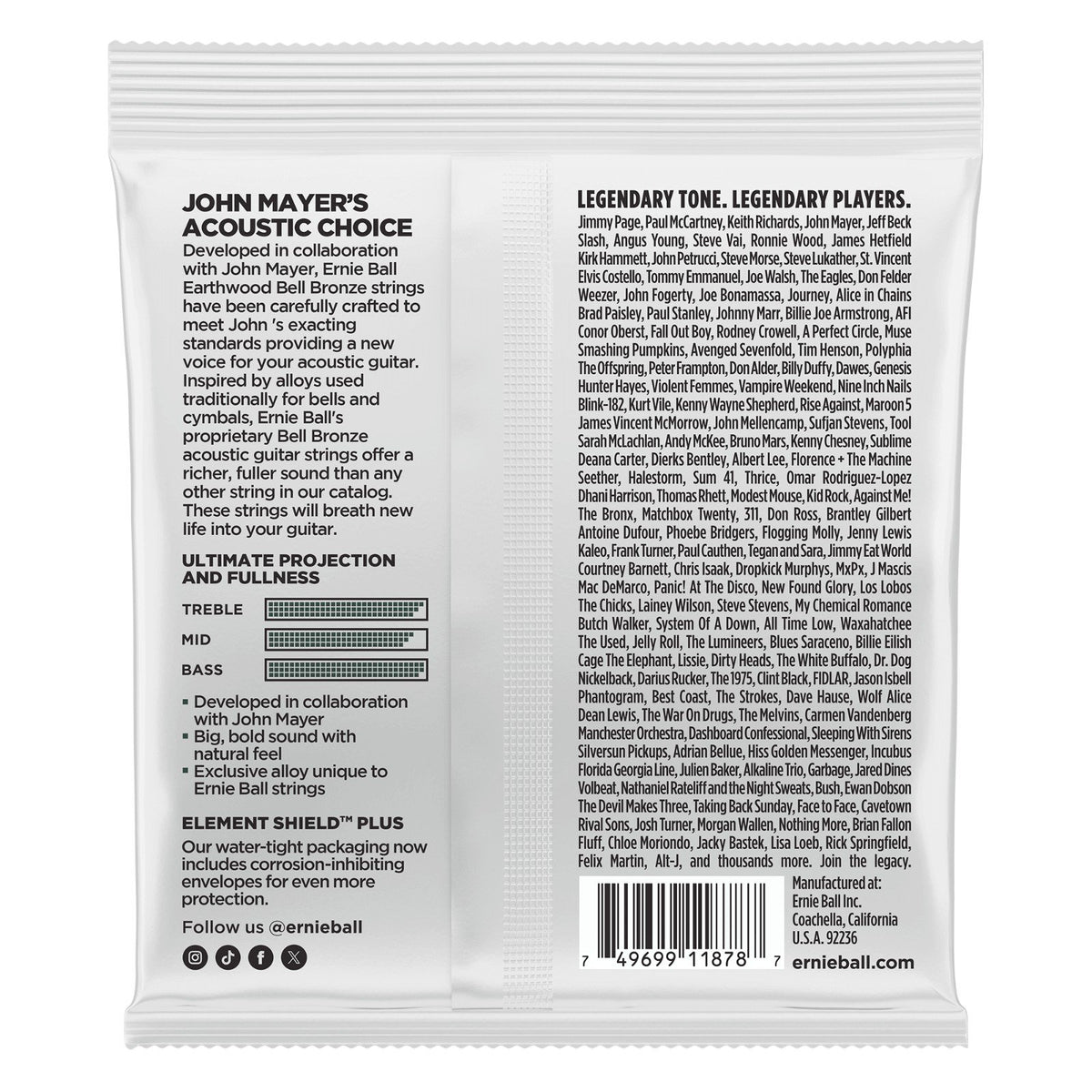 Mặt sau bao bì dây Ernie Ball 2344 – mã vạch UPC, nơi sản xuất Coachella, California