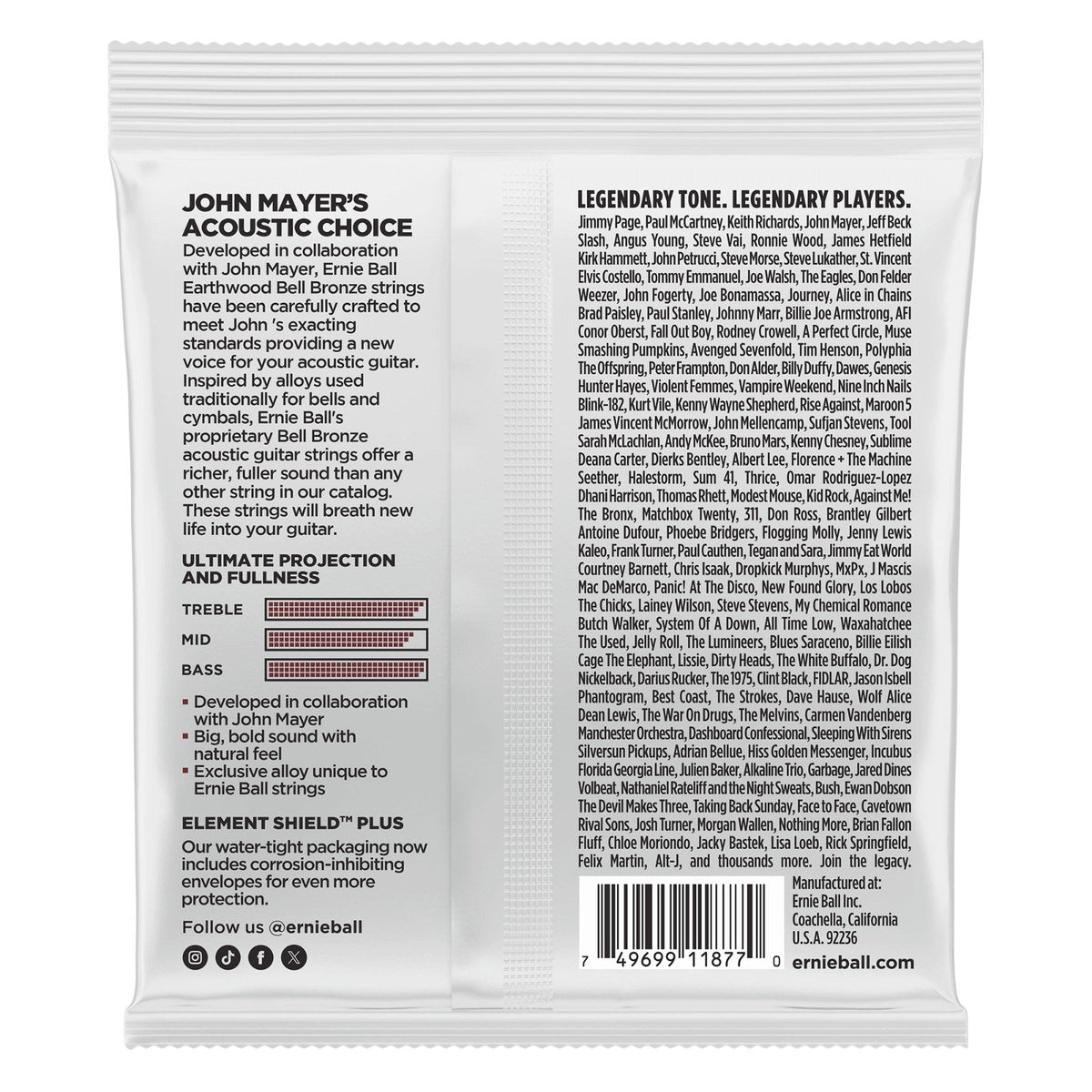 Mặt sau bao bì dây Ernie Ball 2346 – mã vạch UPC, nơi sản xuất Coachella, California