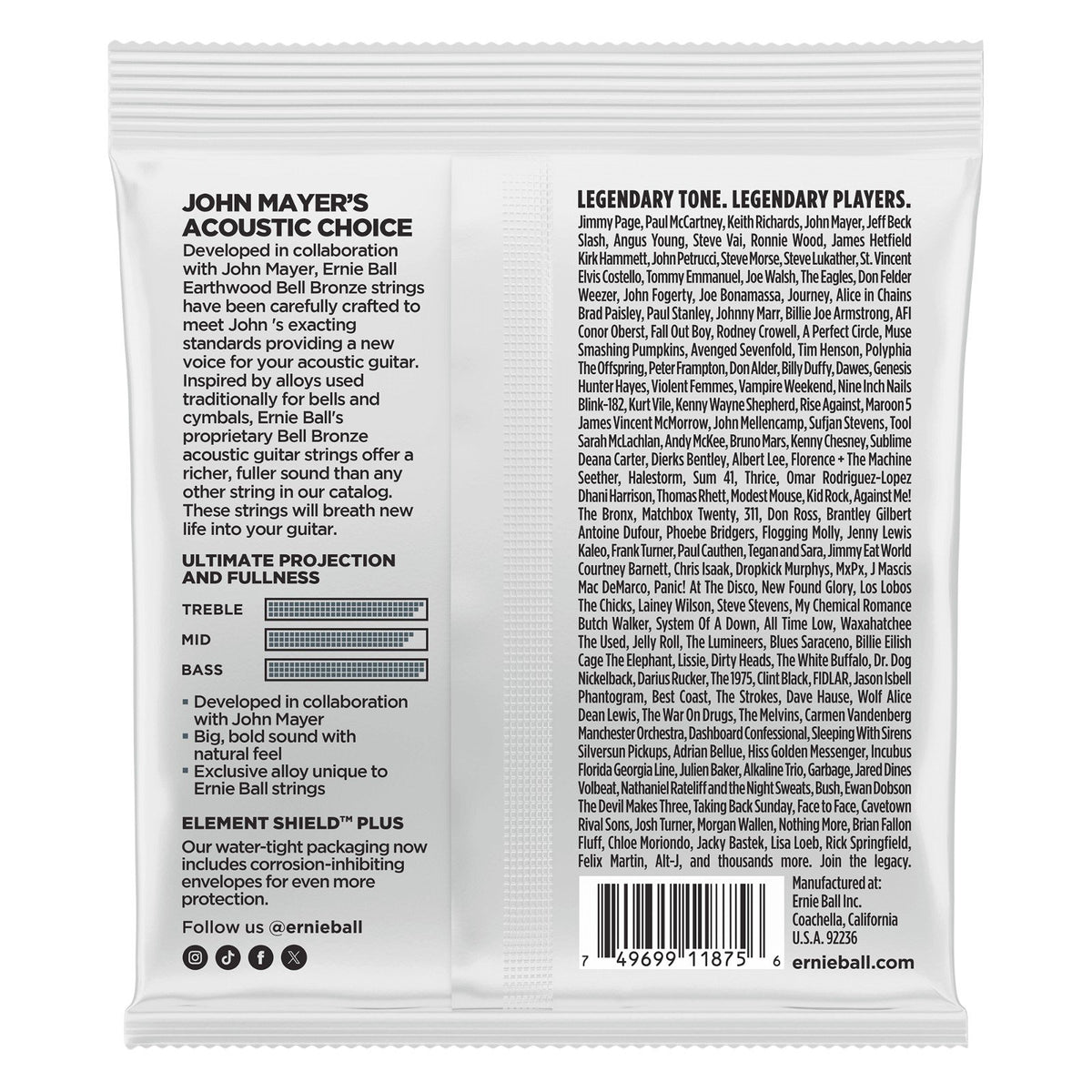 Mặt sau bao bì dây Ernie Ball 2348 – mã vạch UPC, nơi sản xuất Coachella, California