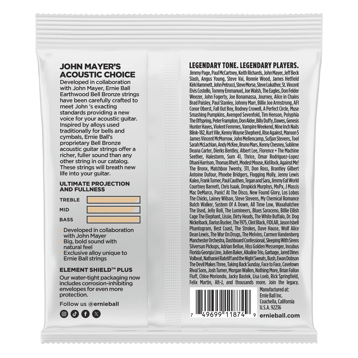 Mặt sau bao bì dây Ernie Ball 2350 – mã vạch UPC, nơi sản xuất Coachella, California