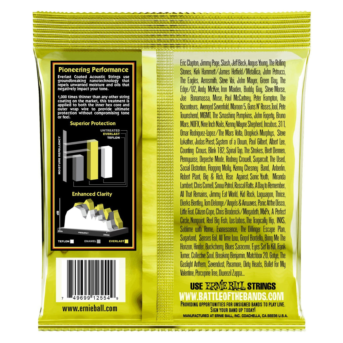Mặt sau bao bì dây Ernie Ball 2554 – mã vạch UPC, nơi sản xuất Coachella, California