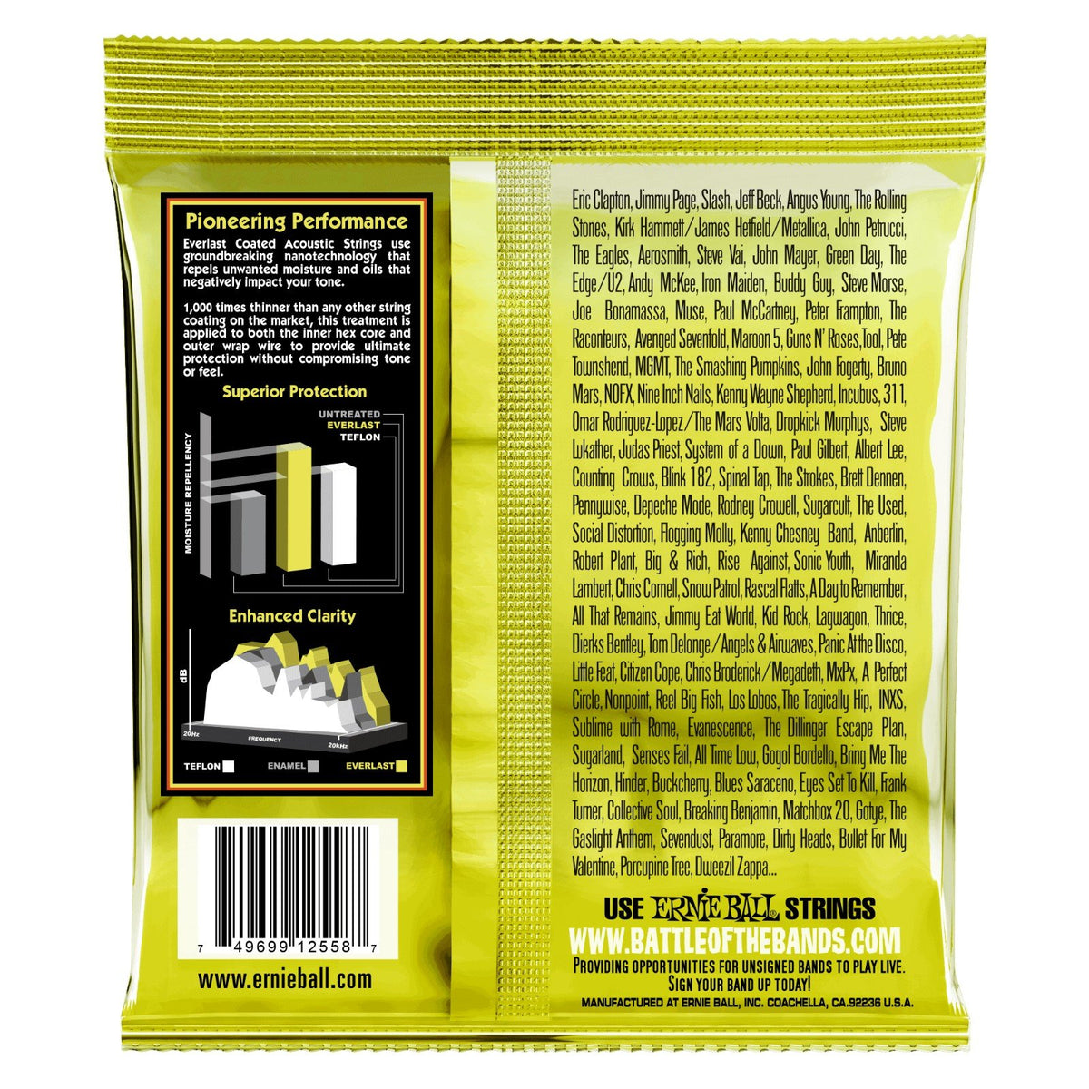 Mặt sau bao bì dây Ernie Ball 2558 – mã vạch UPC, nơi sản xuất Coachella, California