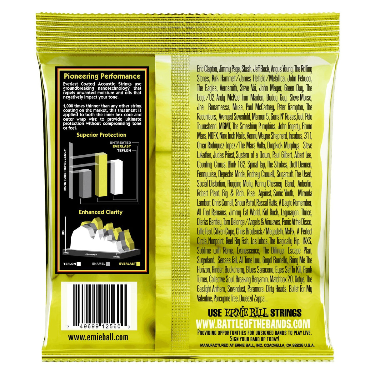 Mặt sau bao bì dây Ernie Ball 2560 – mã vạch UPC, nơi sản xuất Coachella, California
