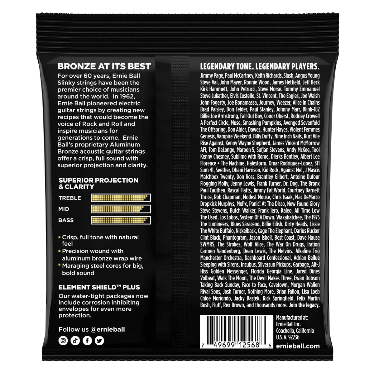Mặt sau bao bì dây Ernie Ball 2568 – mã vạch UPC, nơi sản xuất Coachella, California