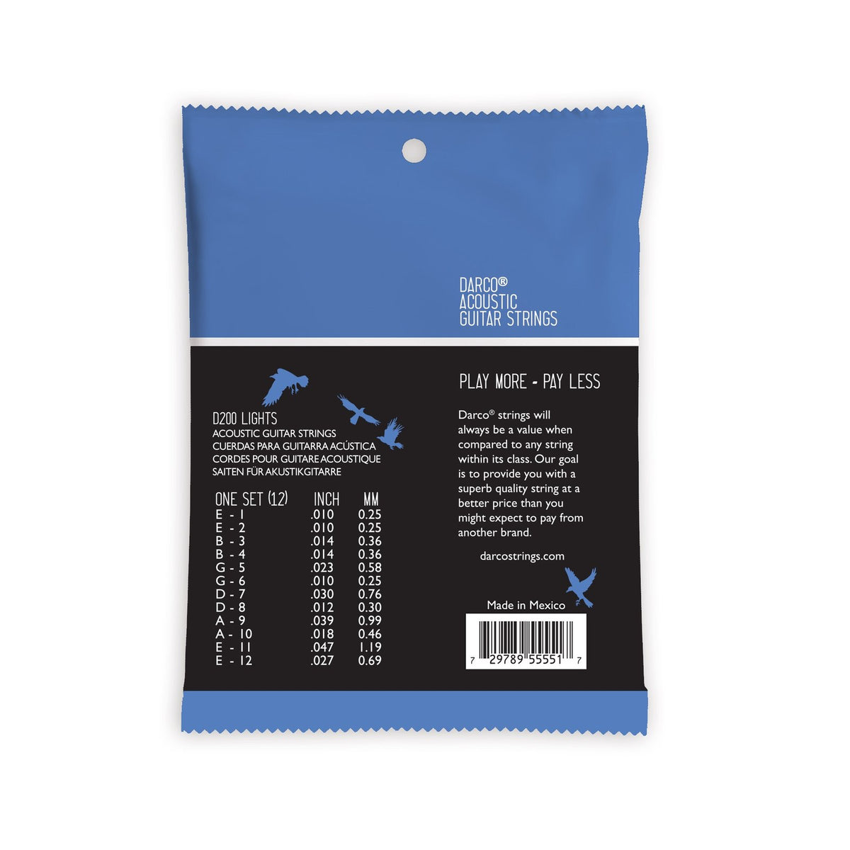 Mặt sau bao bì dây Martin D200 – cỡ từng dây, tổng lực căng, mã vạch UPC, Made in Mexico