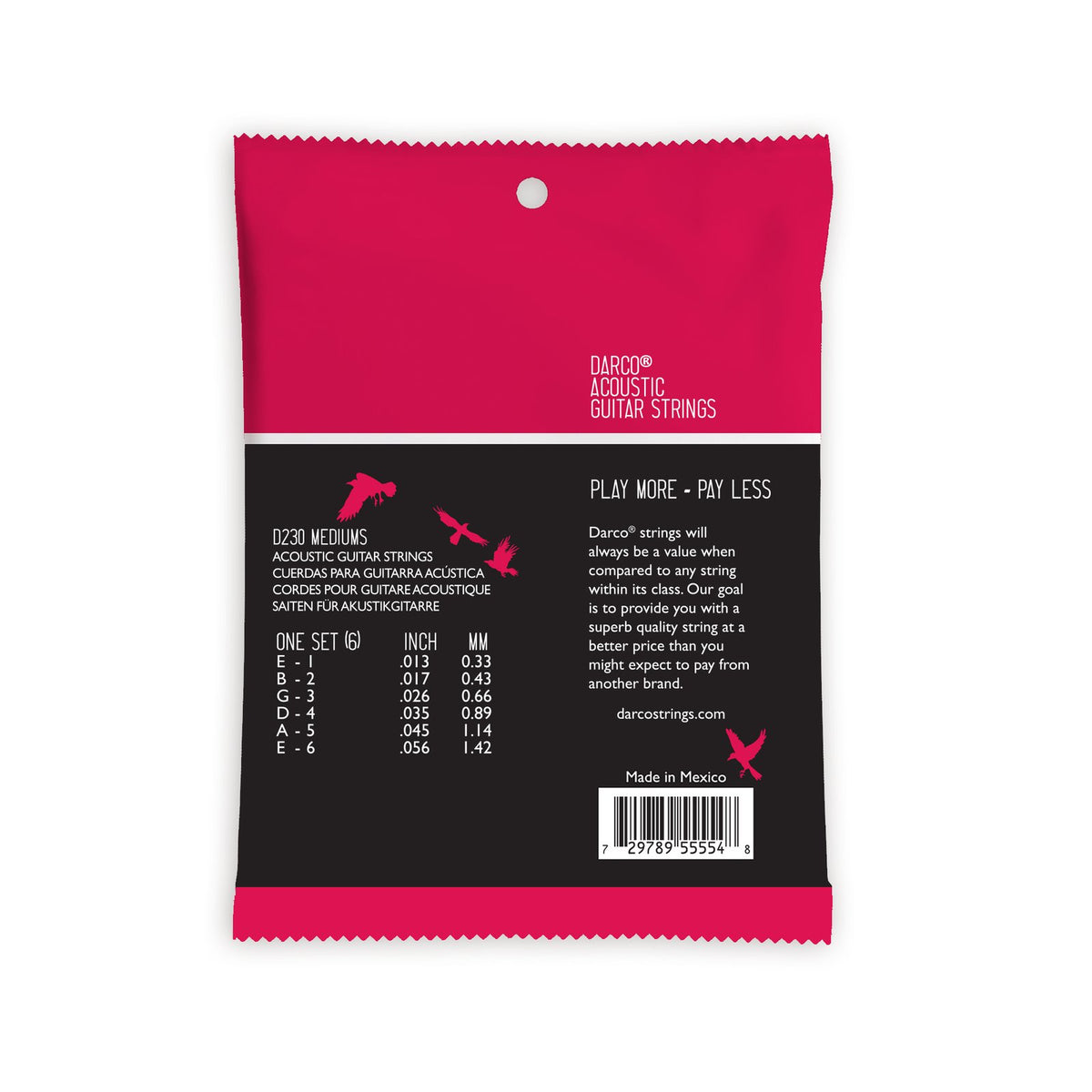 Mặt sau bao bì dây Martin D230 – cỡ từng dây, tổng lực căng, mã vạch UPC, Made in Mexico