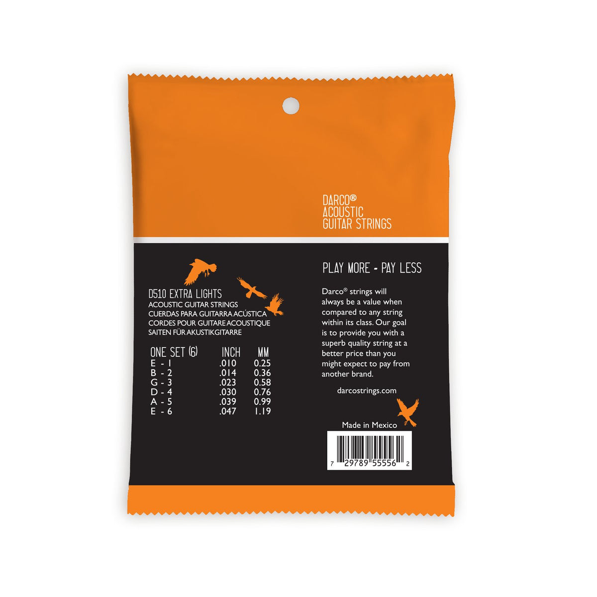 Mặt sau bao bì dây Martin D510 – cỡ từng dây, tổng lực căng, mã vạch UPC, Made in Mexico