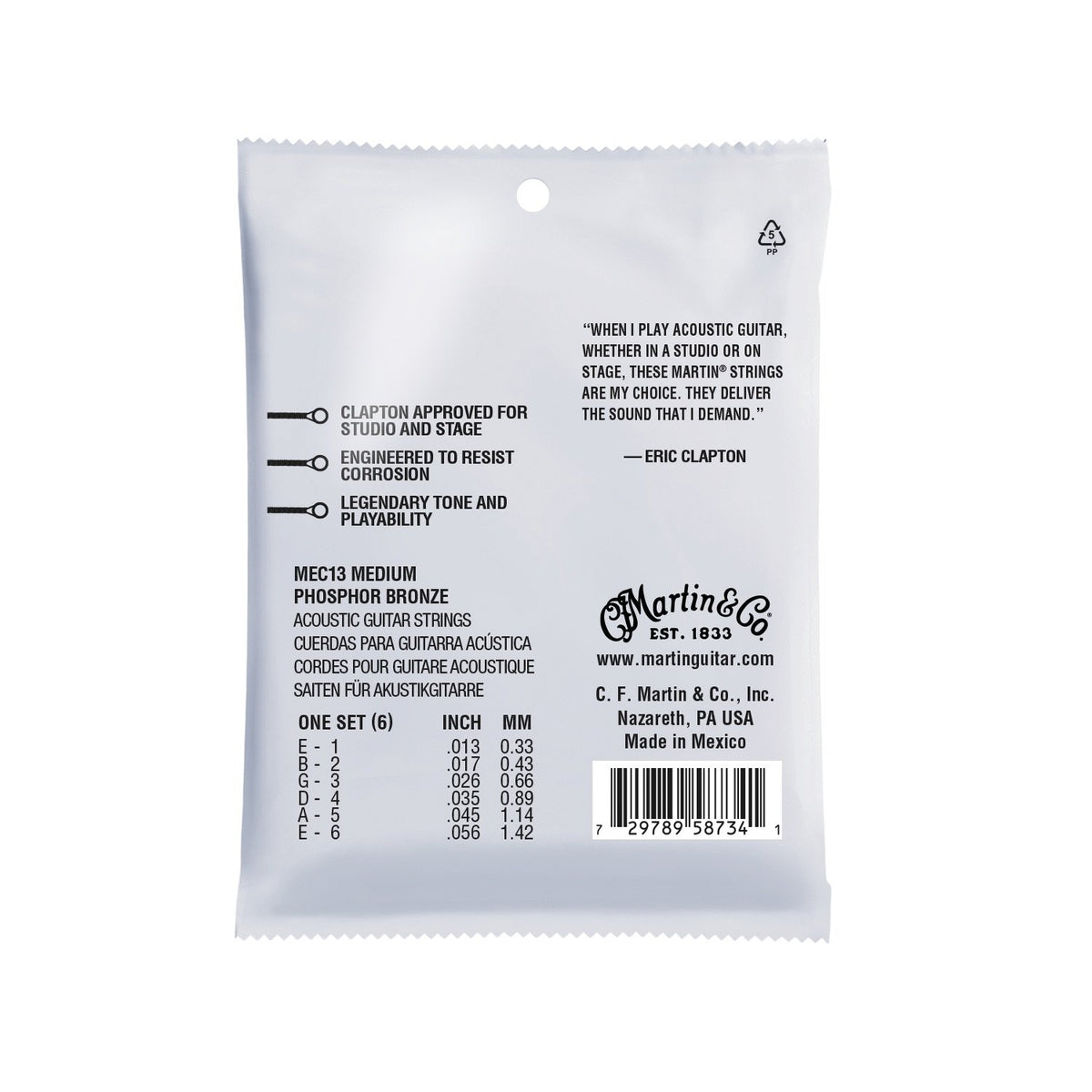 Mặt sau bao bì dây Martin MEC13 – cỡ từng dây, tổng lực căng, mã vạch UPC, Made in Mexico