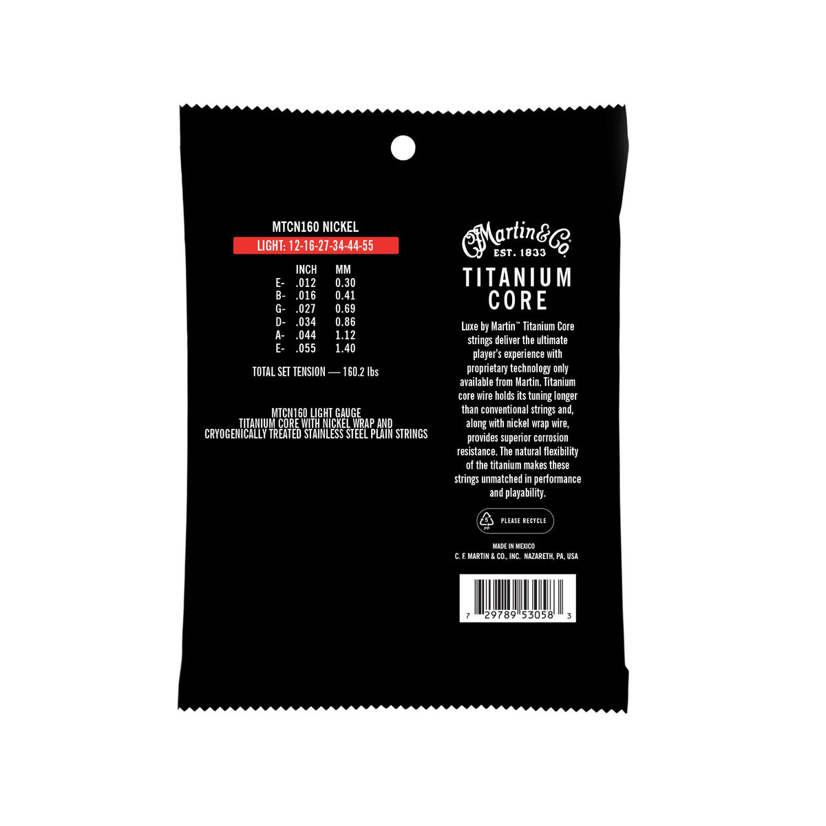 Mặt sau bao bì dây Martin MTCN160 – cỡ từng dây, tổng lực căng, mã vạch UPC, Made in Mexico