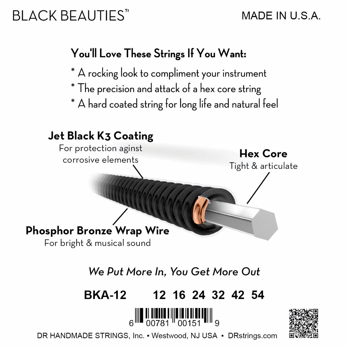 Mặt sau bao bì dây DR Black Beauties BKA-12: mã BKA-12, cỡ từng dây, mã vạch, DR Handmade Strings Westwood NJ USA
