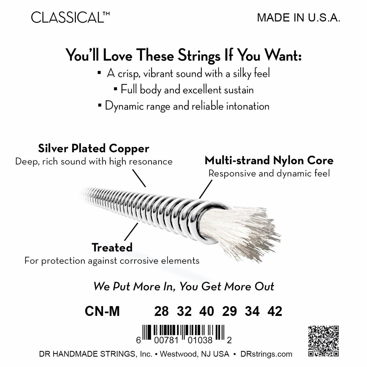Mặt sau bao bì dây DR Nylon Classical CN-M: mã CN-M, cỡ từng dây, mã vạch, DR Handmade Strings Westwood NJ USA