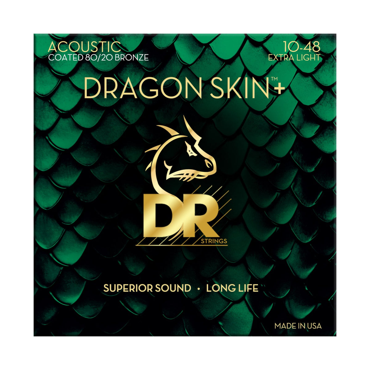 Dây DR Dragon Skin+ DA8-10 10-48 Extra-Light – bao bì mặt trước, in MADE IN USA