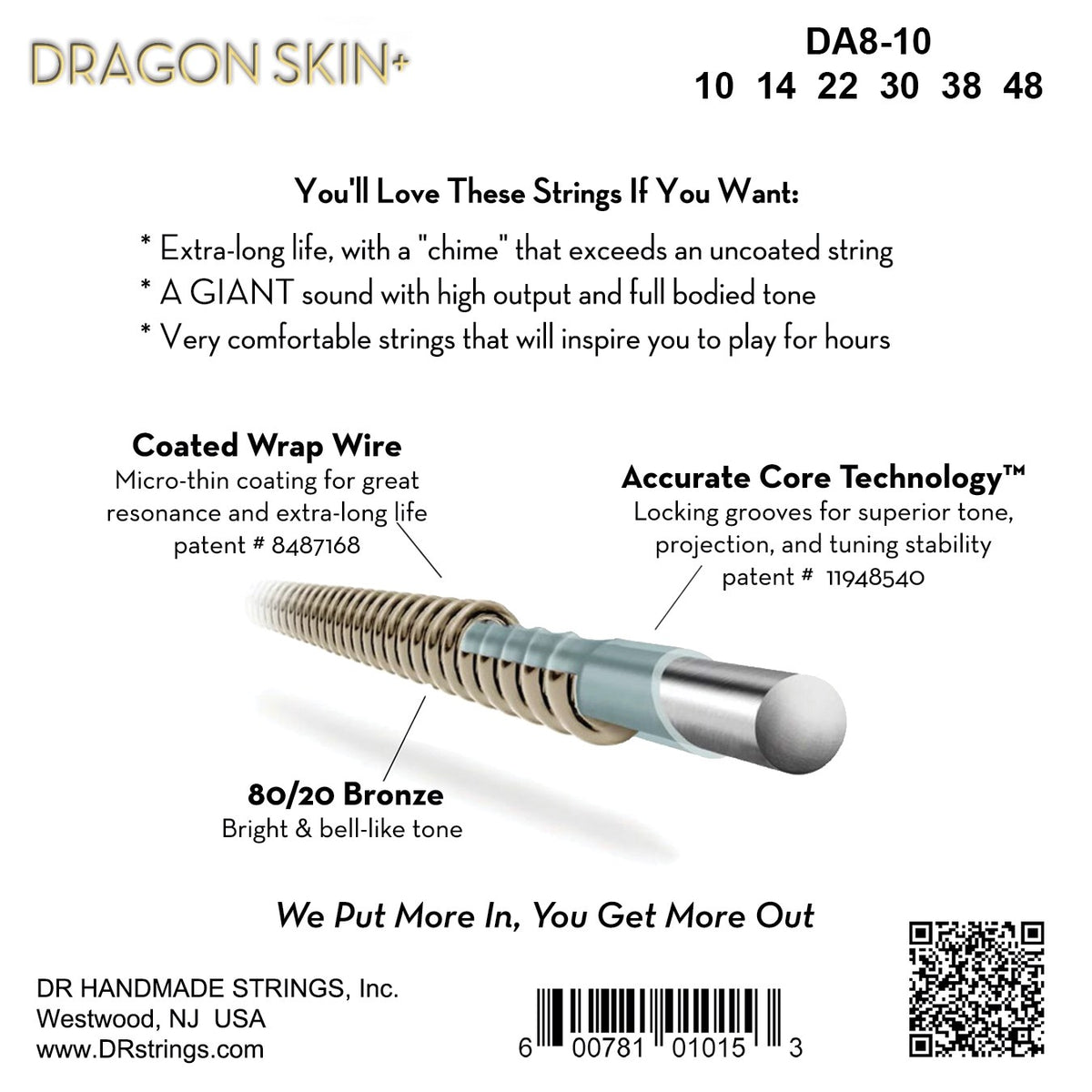 Mặt sau bao bì dây DR Dragon Skin+ DA8-10: mã DA8-10, cỡ từng dây, mã vạch, DR Handmade Strings Westwood NJ USA