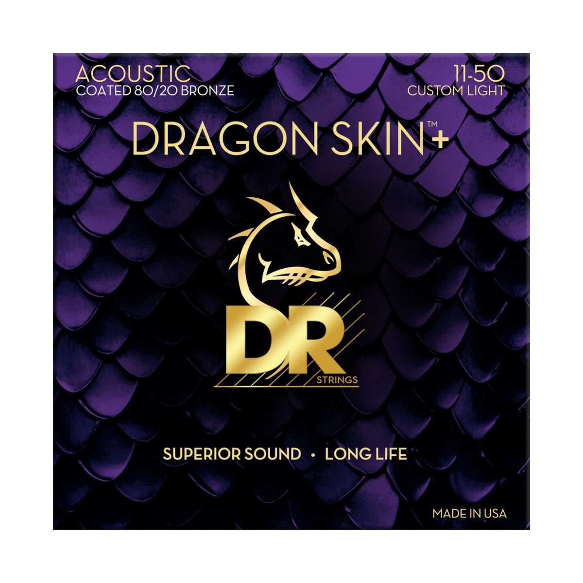 Dây DR Dragon Skin+ DA8-11 11-50 Custom-Light – bao bì mặt trước, in MADE IN USA