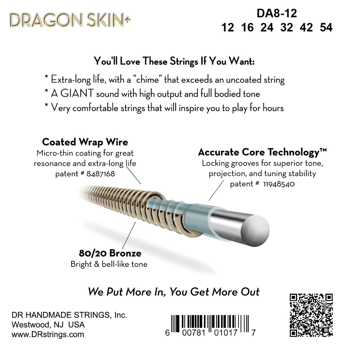 Mặt sau bao bì dây DR Dragon Skin+ DA8-12: mã DA8-12, cỡ từng dây, mã vạch, DR Handmade Strings Westwood NJ USA