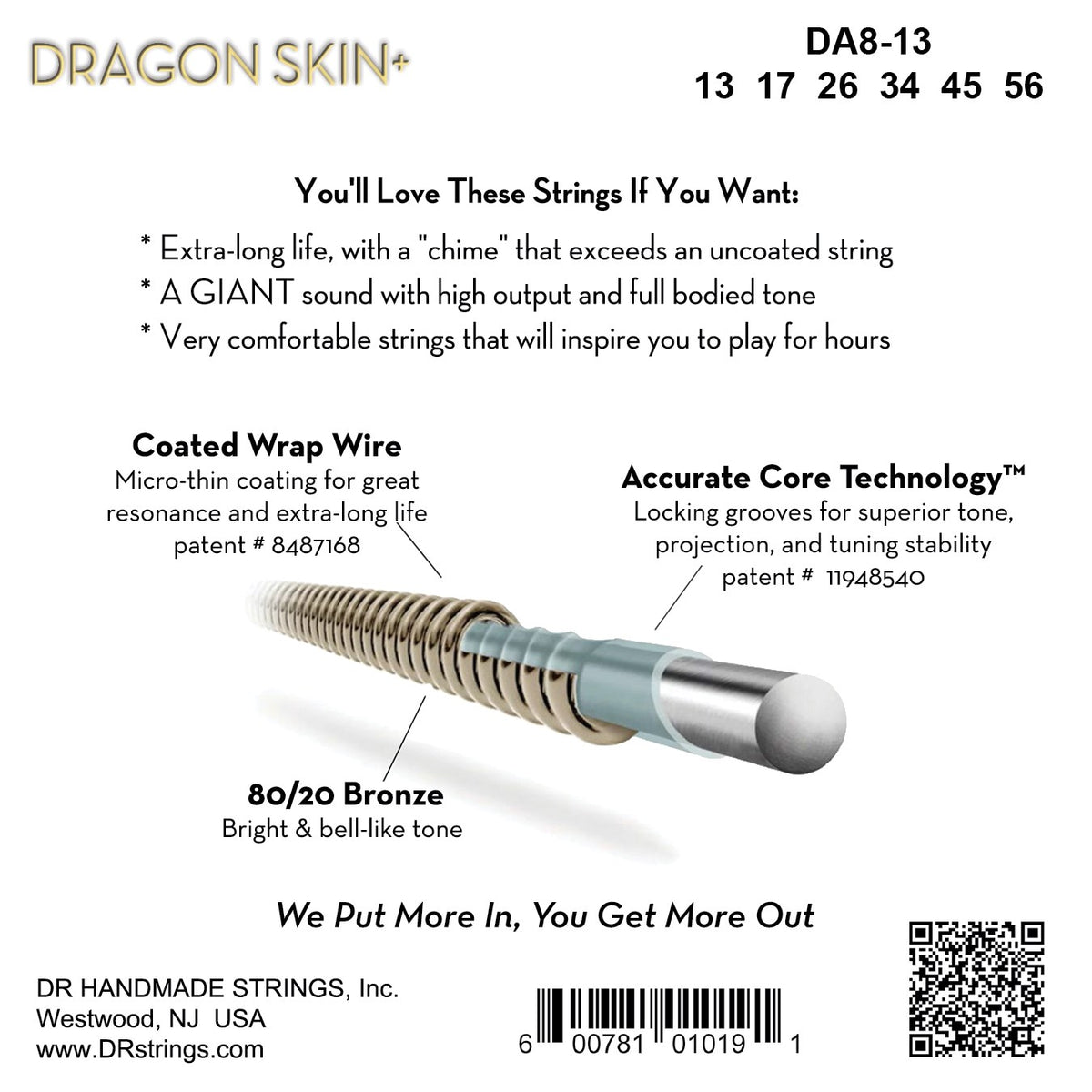 Mặt sau bao bì dây DR Dragon Skin+ DA8-13: mã DA8-13, cỡ từng dây, mã vạch, DR Handmade Strings Westwood NJ USA