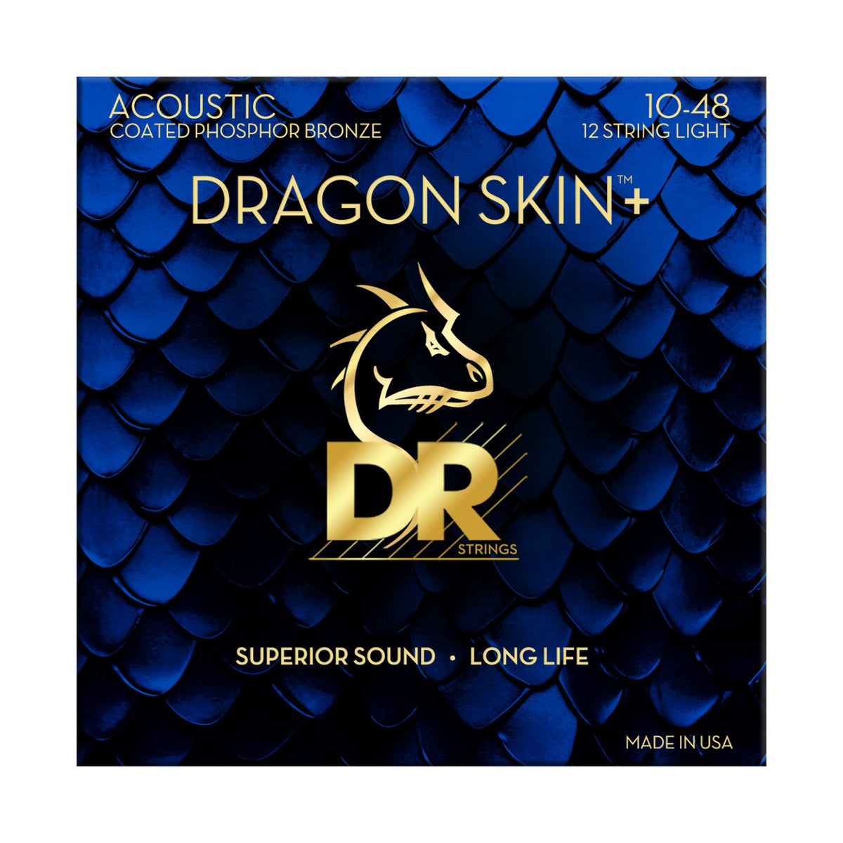 Dây DR Dragon Skin+ DAP-10/12 10-48 Light 12-String – bao bì mặt trước, in MADE IN USA