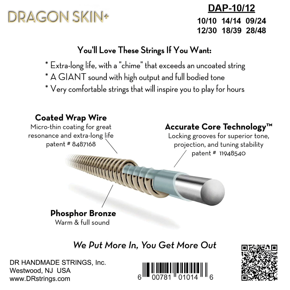 Mặt sau bao bì dây DR Dragon Skin+ DAP-10/12: mã DAP-10/12, cỡ từng dây, mã vạch, DR Handmade Strings Westwood NJ USA