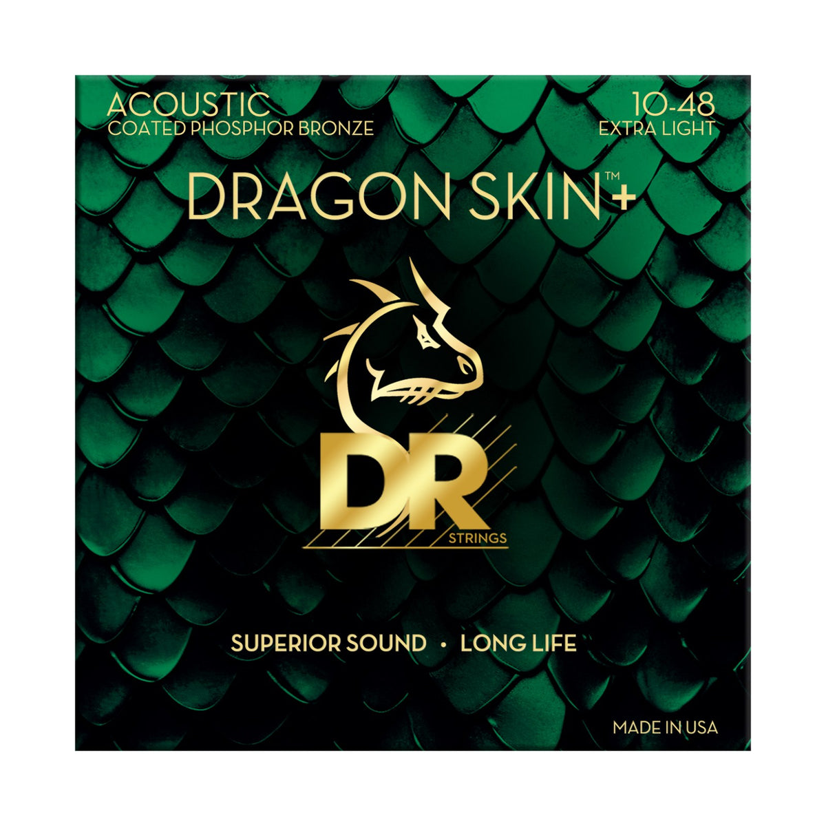 Dây DR Dragon Skin+ DAP-10 10-48 Extra-Light – bao bì mặt trước, in MADE IN USA