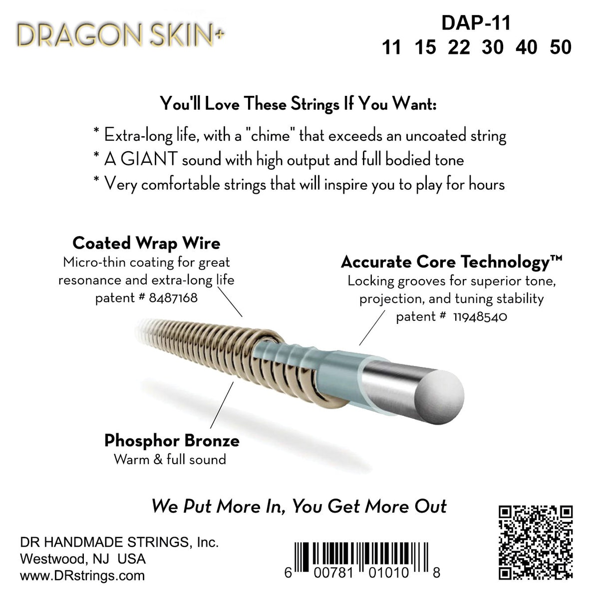 Mặt sau bao bì dây DR Dragon Skin+ DAP-11: mã DAP-11, cỡ từng dây, mã vạch, DR Handmade Strings Westwood NJ USA