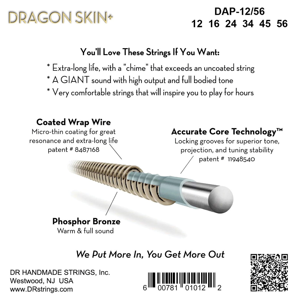 Mặt sau bao bì dây DR Dragon Skin+ DAP-12/56: mã DAP-12/56, cỡ từng dây, mã vạch, DR Handmade Strings Westwood NJ USA