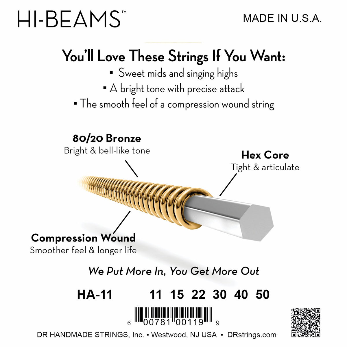 Mặt sau bao bì dây DR Hi-Beam 80/20 HA-11: mã HA-11, cỡ từng dây, mã vạch, DR Handmade Strings Westwood NJ USA