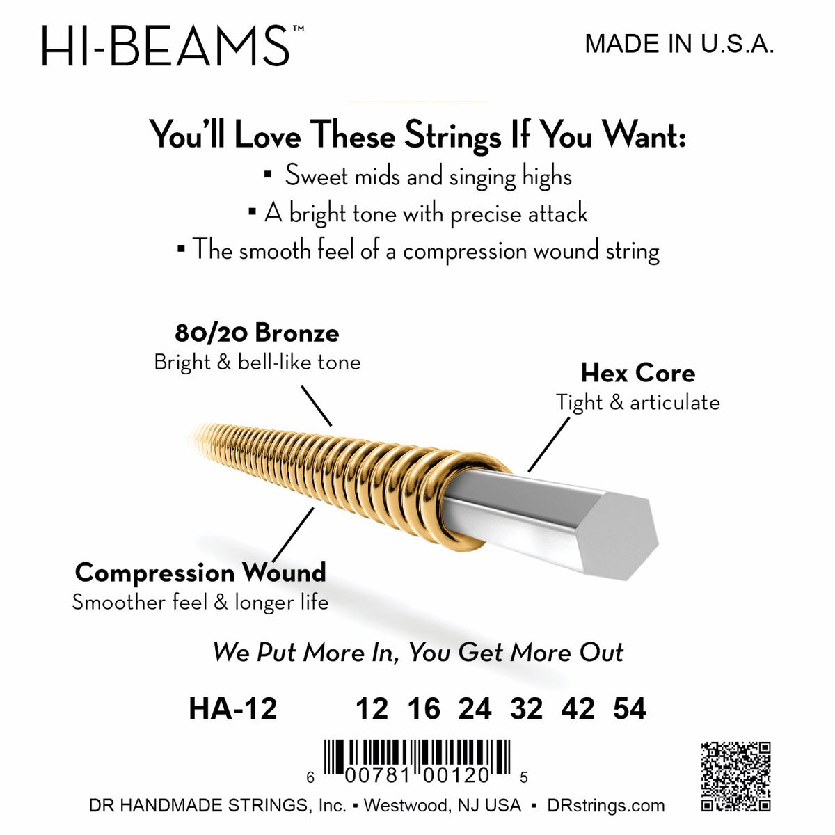 Mặt sau bao bì dây DR Hi-Beam 80/20 HA-12: mã HA-12, cỡ từng dây, mã vạch, DR Handmade Strings Westwood NJ USA