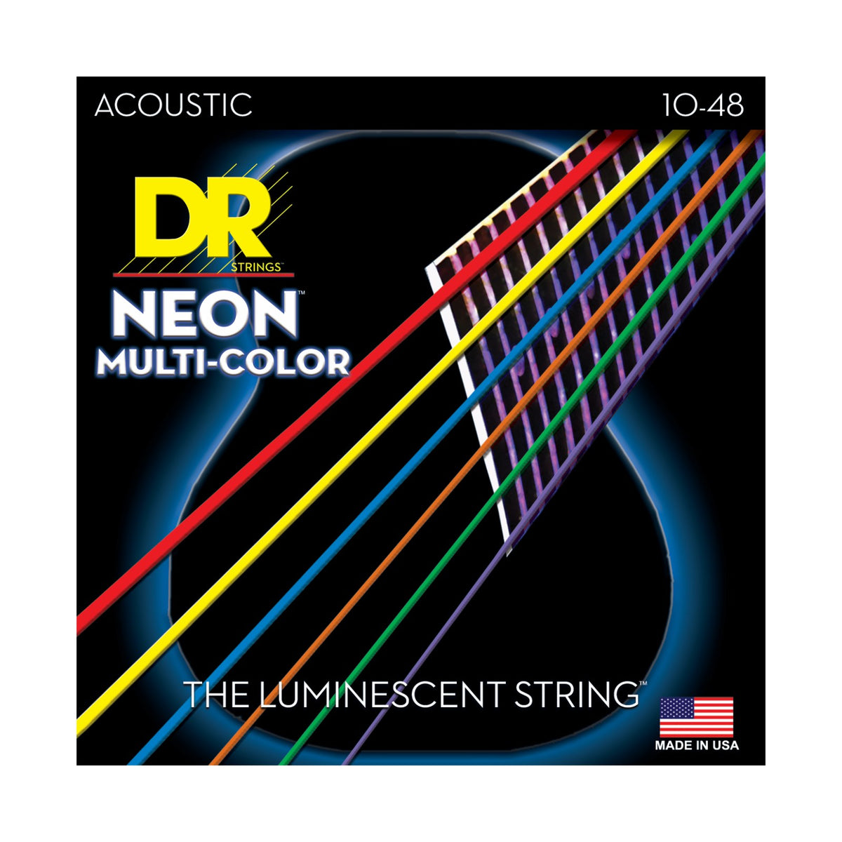 Dây DR Hi-Def Neon NMCA-10 10-48 Extra-Light – bao bì mặt trước, in MADE IN USA