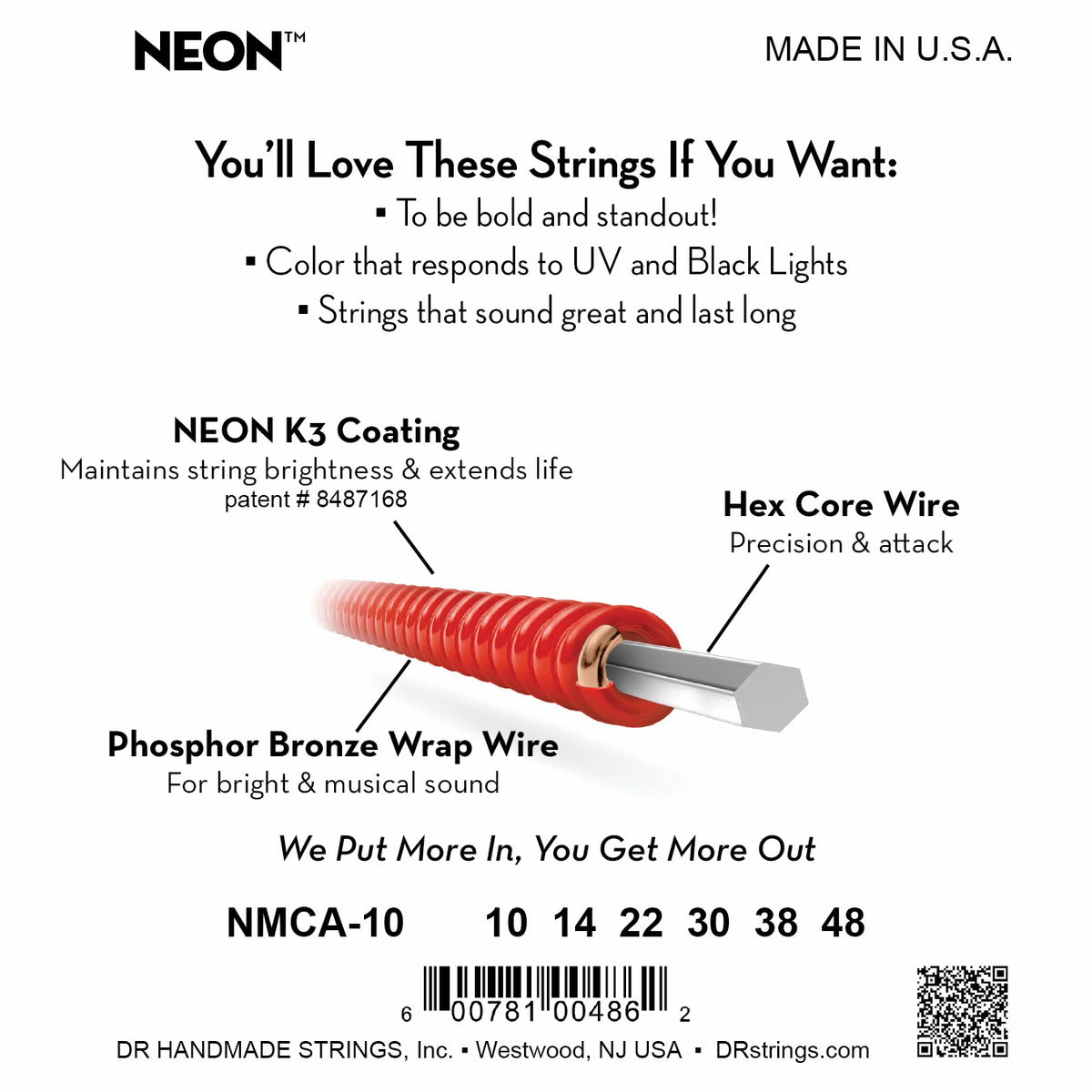 Mặt sau bao bì dây DR Hi-Def Neon NMCA-10: mã NMCA-10, cỡ từng dây, mã vạch, DR Handmade Strings Westwood NJ USA