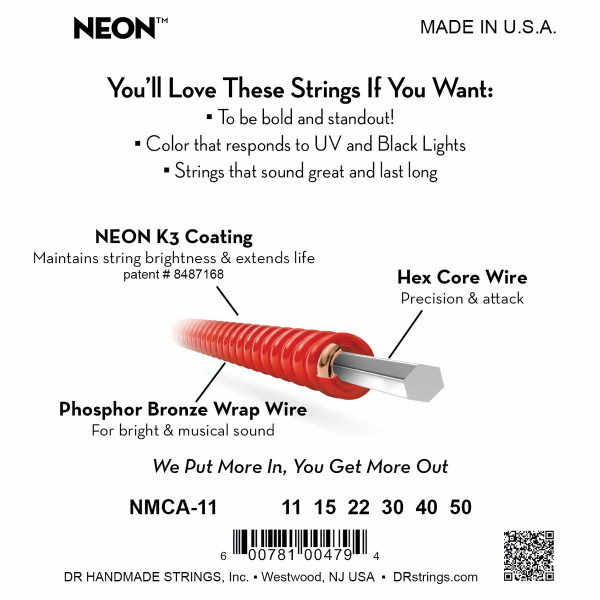Mặt sau bao bì dây DR Hi-Def Neon NMCA-11: mã NMCA-11, cỡ từng dây, mã vạch, DR Handmade Strings Westwood NJ USA