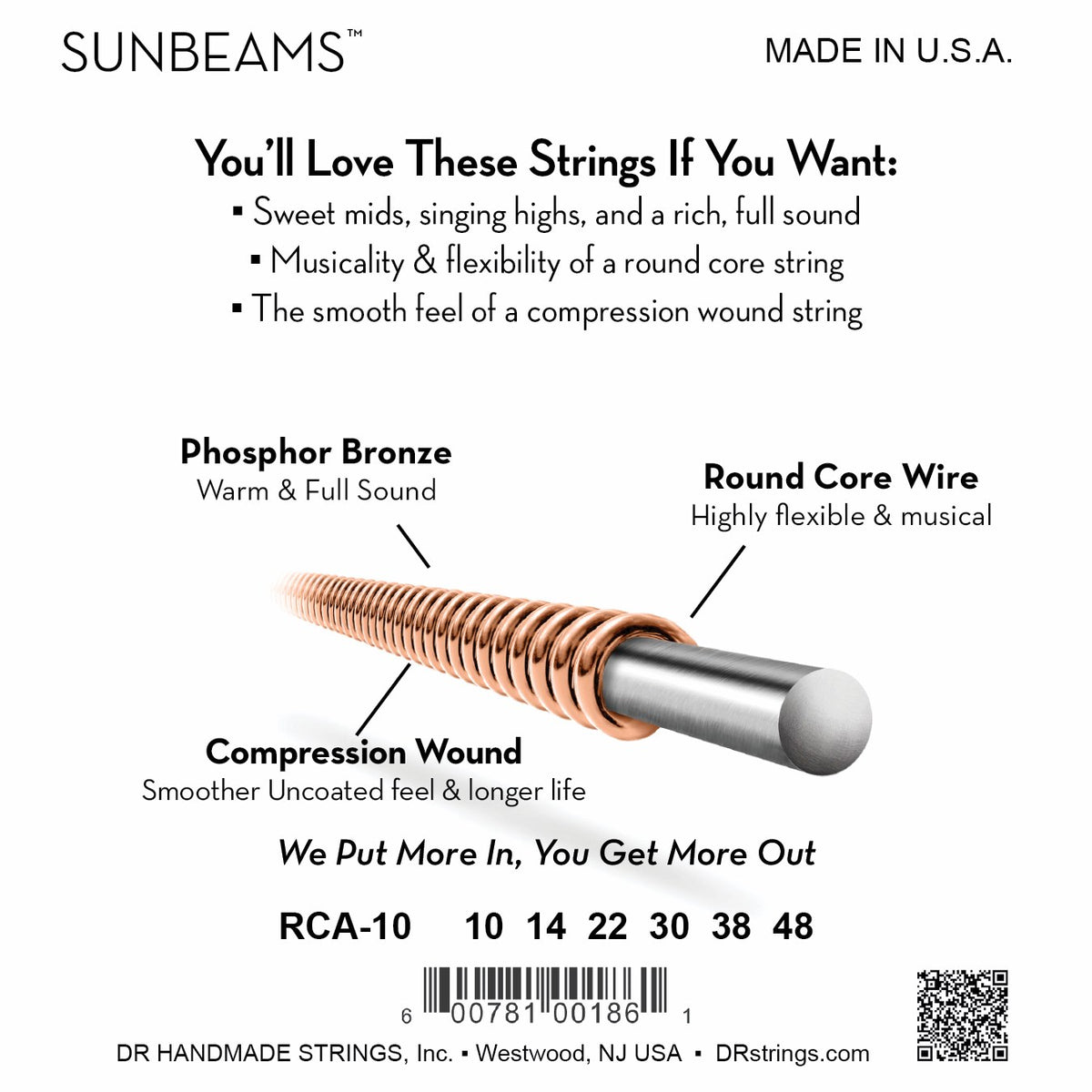 Mặt sau bao bì dây DR Sunbeam RCA-10: mã RCA-10, cỡ từng dây, mã vạch, DR Handmade Strings Westwood NJ USA