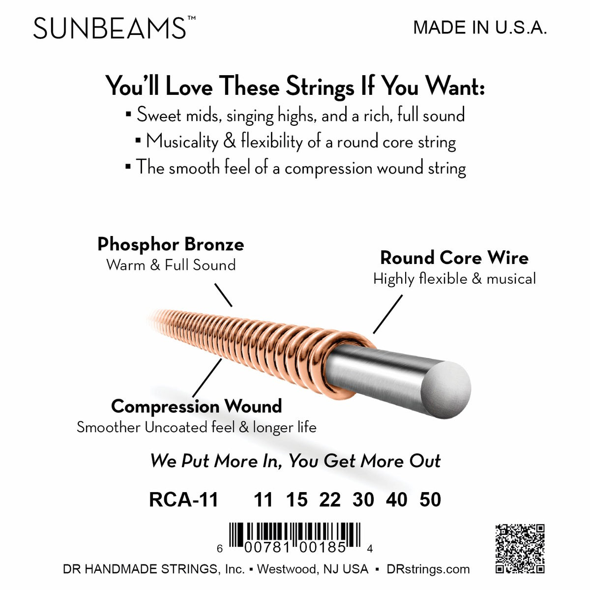 Mặt sau bao bì dây DR Sunbeam RCA-11: mã RCA-11, cỡ từng dây, mã vạch, DR Handmade Strings Westwood NJ USA