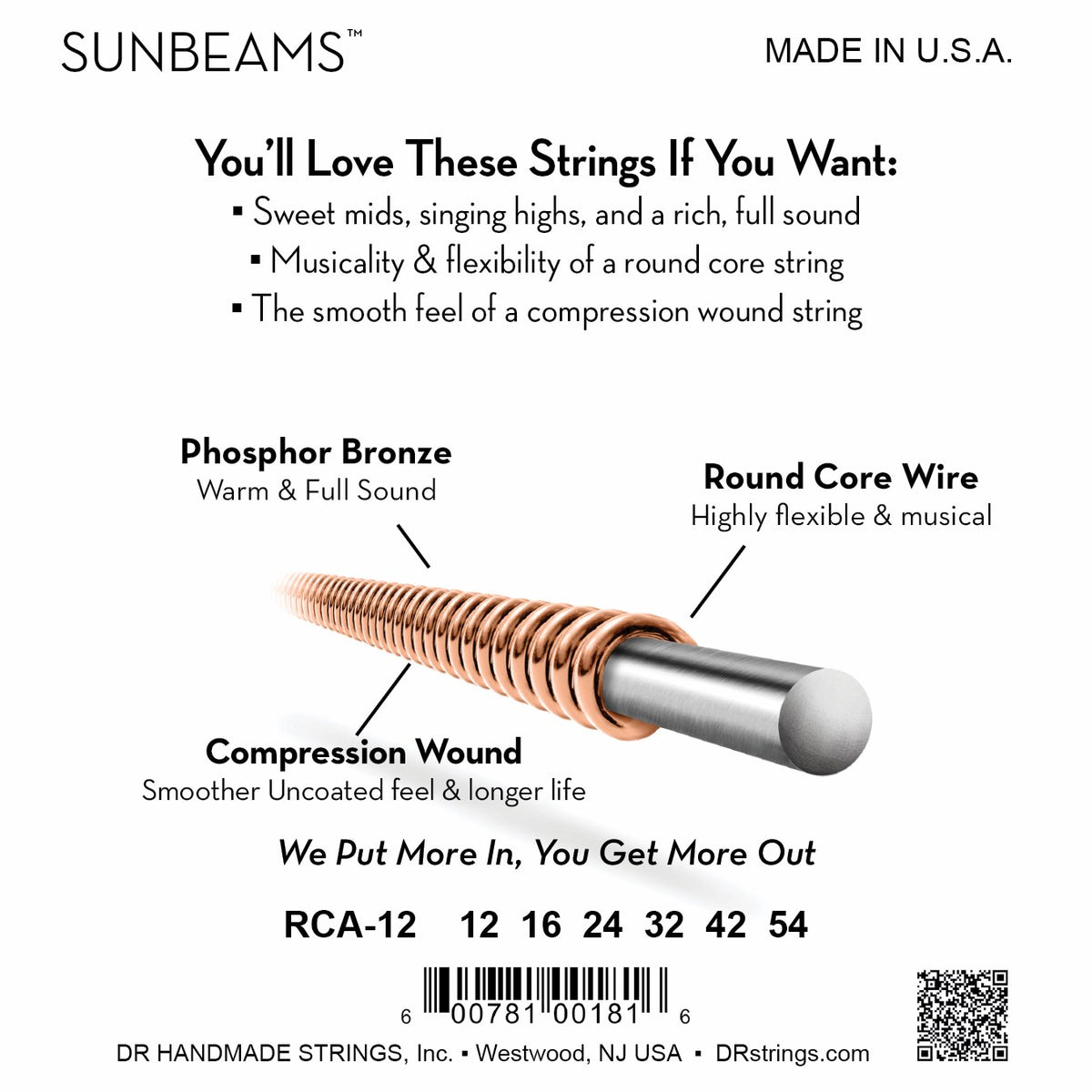 Mặt sau bao bì dây DR Sunbeam RCA-12: mã RCA-12, cỡ từng dây, mã vạch, DR Handmade Strings Westwood NJ USA