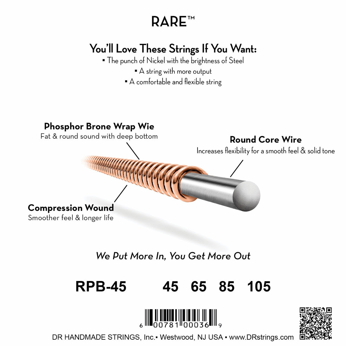 Mặt sau bao bì dây DR Rare RPB-45: mã RPB-45, cỡ từng dây, mã vạch, DR Handmade Strings Westwood NJ USA