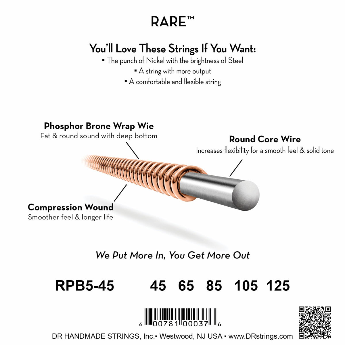 Mặt sau bao bì dây DR Rare RPB5-45: mã RPB5-45, cỡ từng dây, mã vạch, DR Handmade Strings Westwood NJ USA