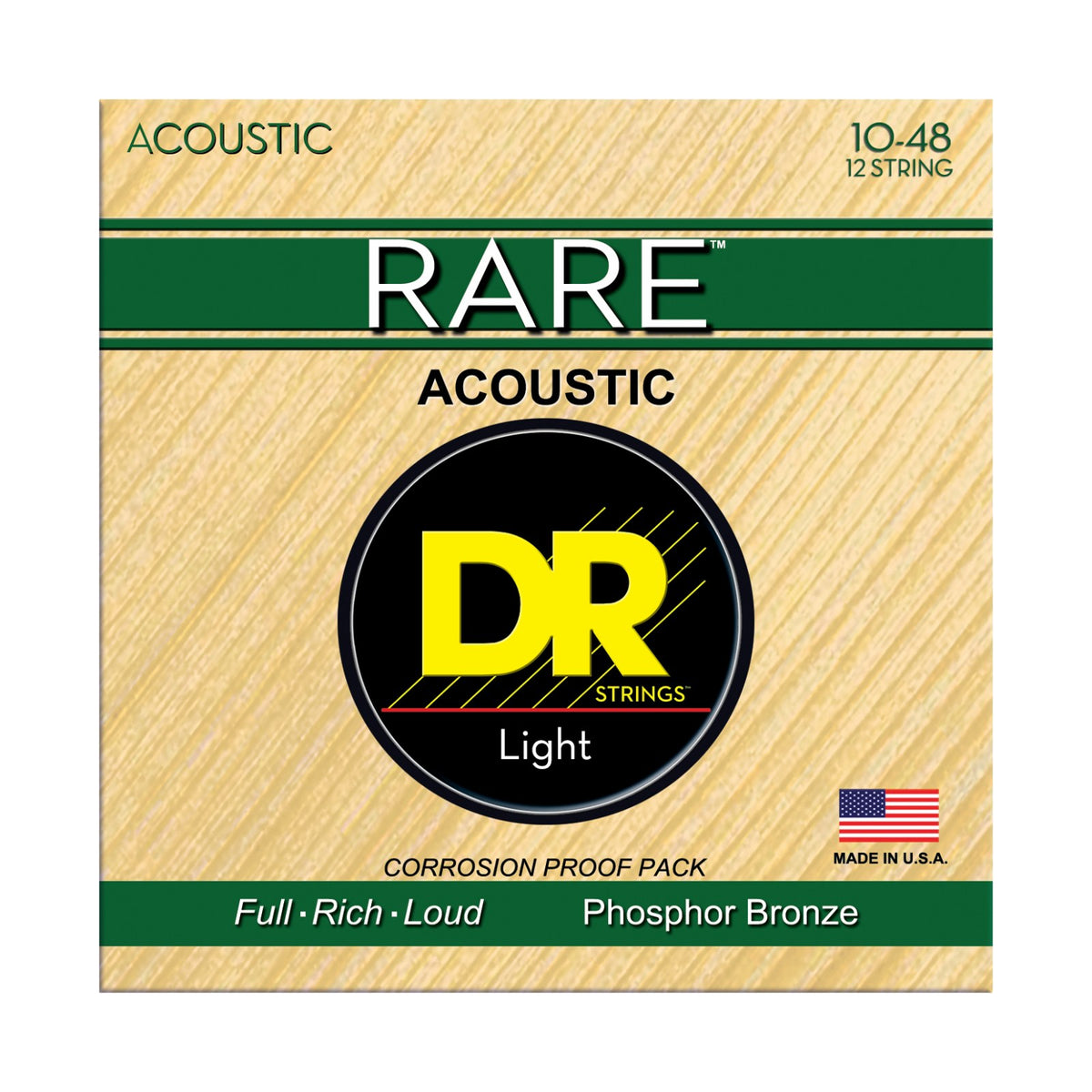 Dây DR Rare RPL-10/12 10-48 Light 12-String – bao bì mặt trước, in MADE IN USA