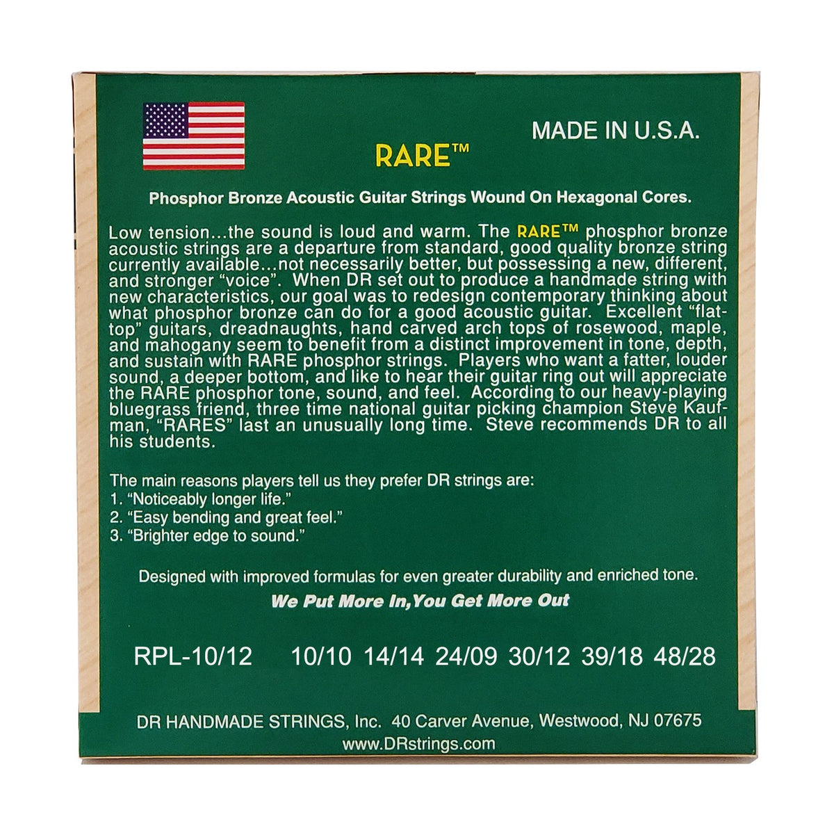 Mặt sau bao bì dây DR Rare RPL-10/12: mã RPL-10/12, cỡ từng dây, mã vạch, DR Handmade Strings Westwood NJ USA