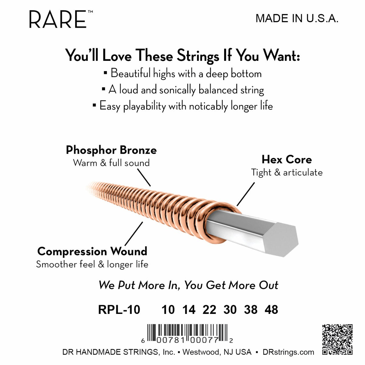 Mặt sau bao bì dây DR Rare RPL-10: mã RPL-10, cỡ từng dây, mã vạch, DR Handmade Strings Westwood NJ USA