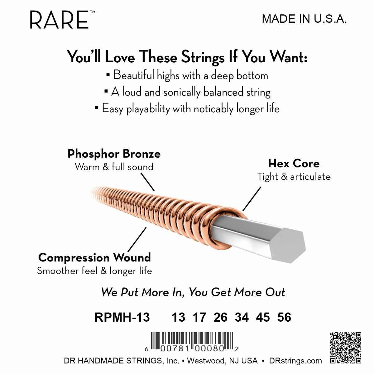 Mặt sau bao bì dây DR Rare RPMH-13: mã RPMH-13, cỡ từng dây, mã vạch, DR Handmade Strings Westwood NJ USA