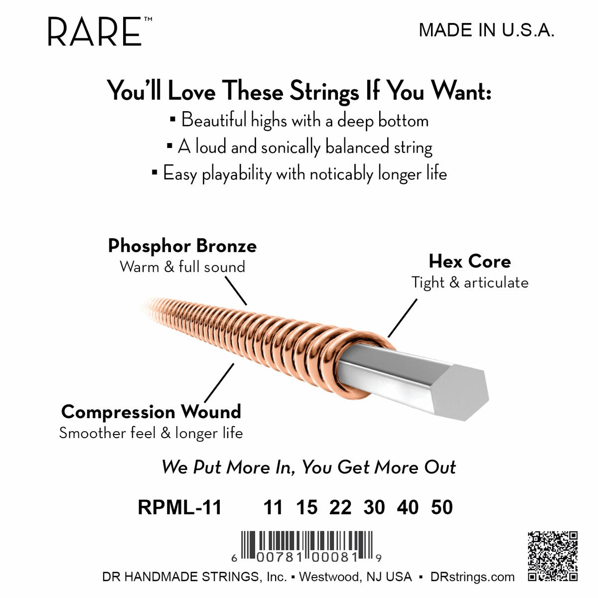 Mặt sau bao bì dây DR Rare RPML-11: mã RPML-11, cỡ từng dây, mã vạch, DR Handmade Strings Westwood NJ USA