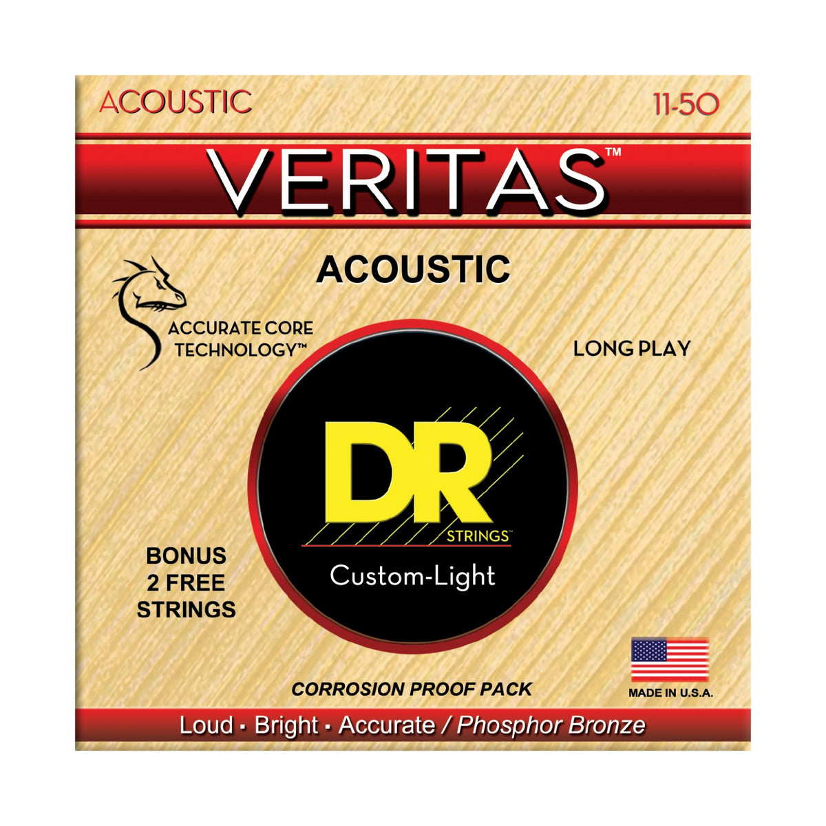 Dây DR Veritas VTA-11 11-50 Custom-Light – bao bì mặt trước, in MADE IN USA