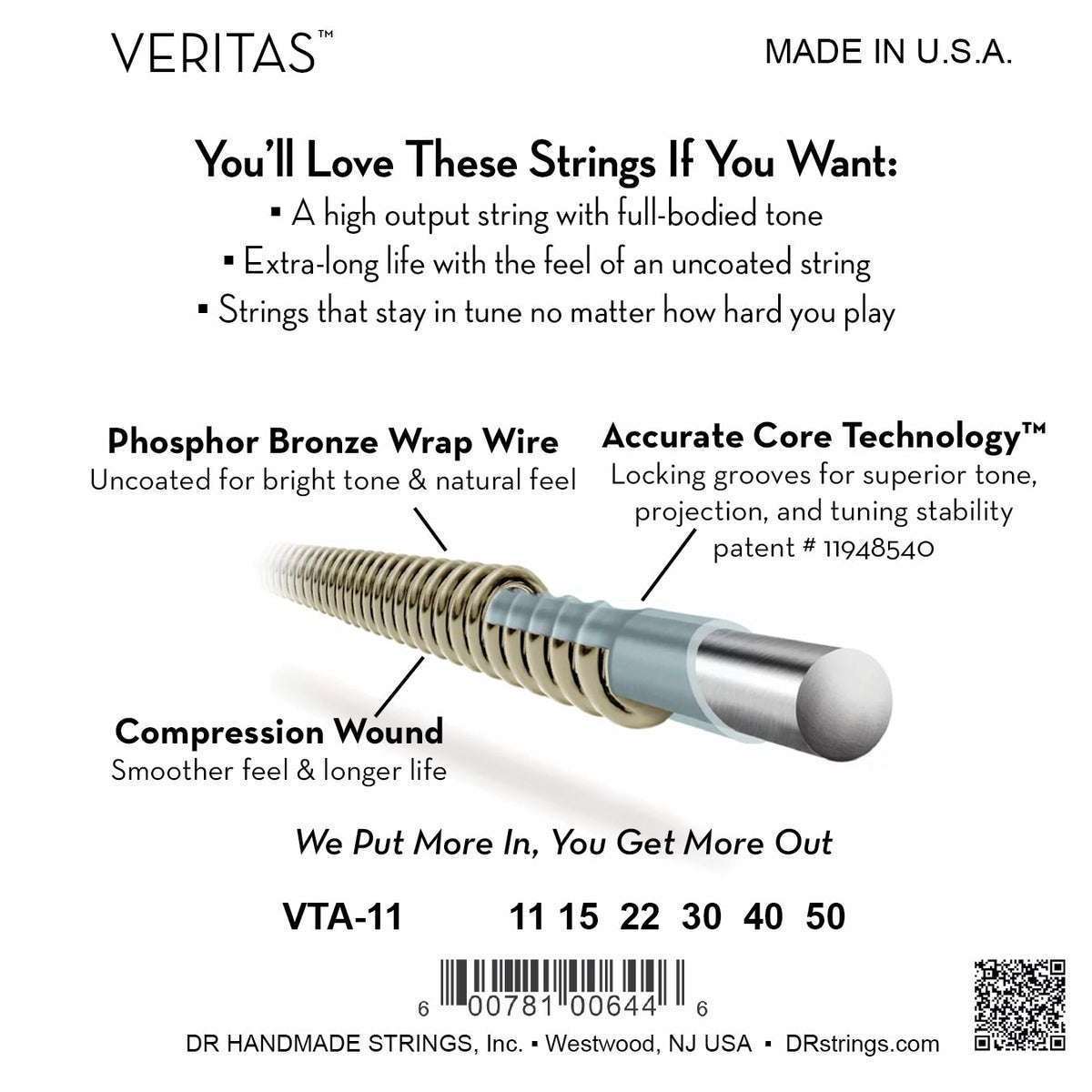 Mặt sau bao bì dây DR Veritas VTA-11: mã VTA-11, cỡ từng dây, mã vạch, DR Handmade Strings Westwood NJ USA