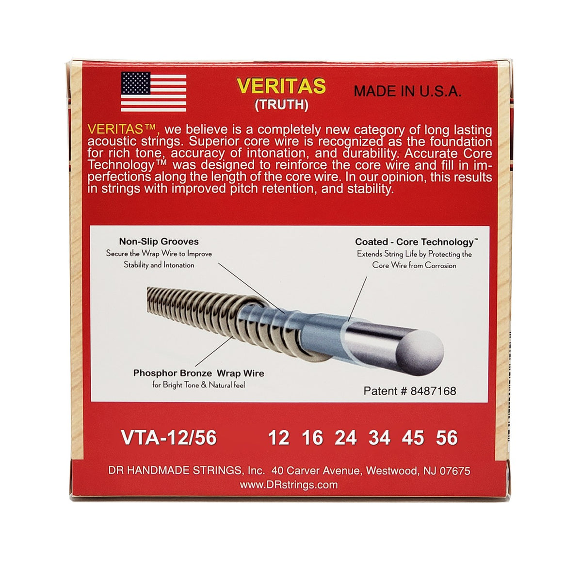 Mặt sau bao bì dây DR Veritas VTA-12/56: mã VTA-12/56, cỡ từng dây, mã vạch, DR Handmade Strings Westwood NJ USA