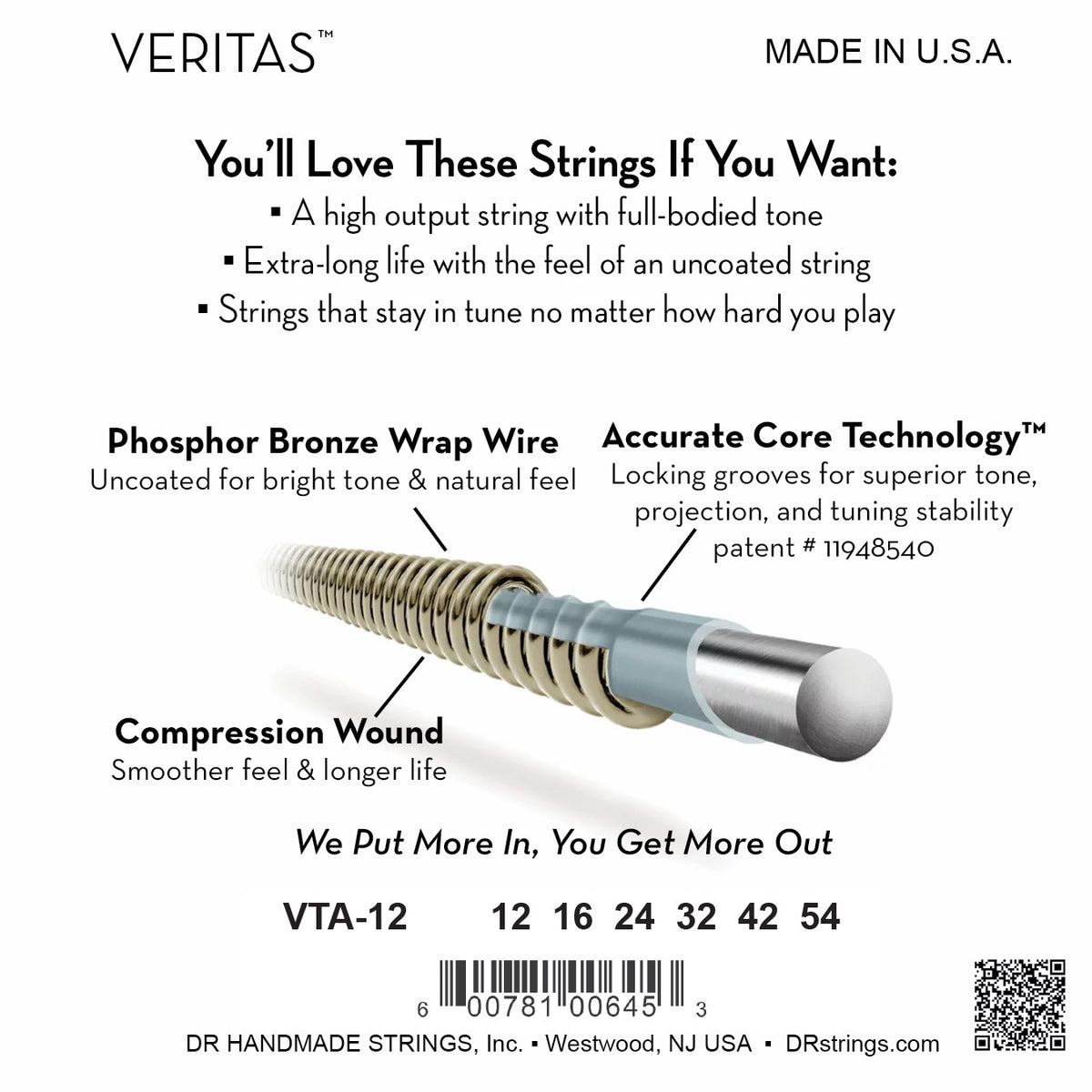 Mặt sau bao bì dây DR Veritas VTA-12: mã VTA-12, cỡ từng dây, mã vạch, DR Handmade Strings Westwood NJ USA